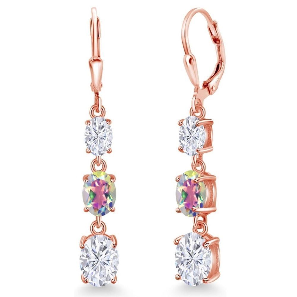 18K Rose Gold 6.00Cttw 3 Stone Mercury Mist Mystic Topaz and Moissanite Earrings